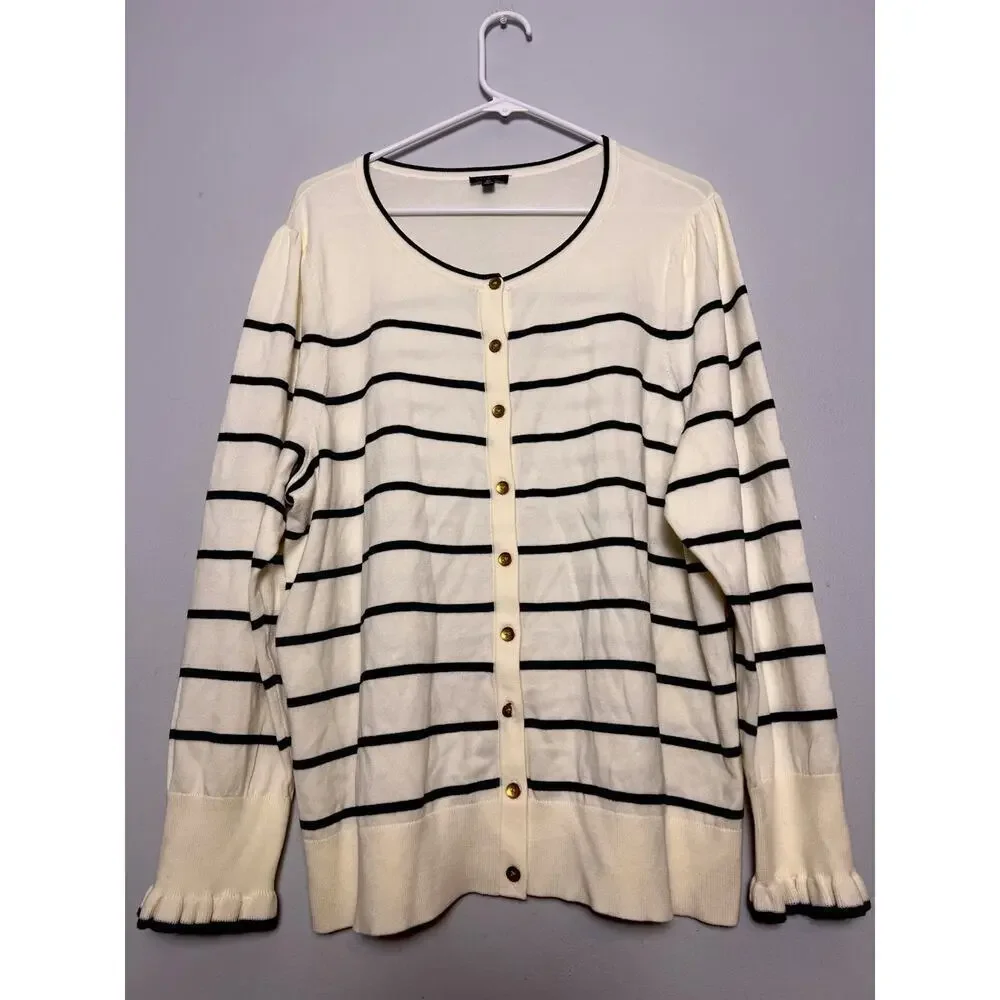 Talbots Womens Cardigan Plus Sz 2X White Black Colorblock Ruffle Sleeve
